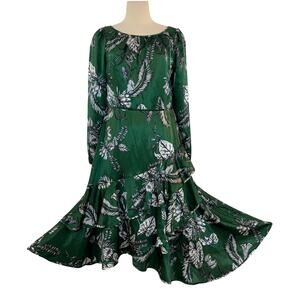 Marchesa Notte Long-Sleeve Asymmetric Tiered Flounce Dress Green Floral 8 NWT